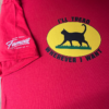 Woman wearing red I'll Tread Wherever I Want cat T-shirt with black cat graphic, funny Gadsden flag parody design